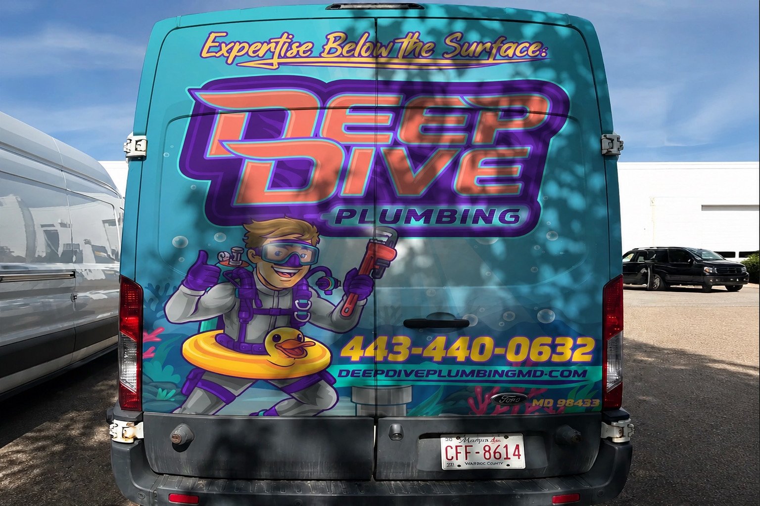 Deep Dive Plumbing Maryland van — rear wrap with Deep Dive Dave mascot